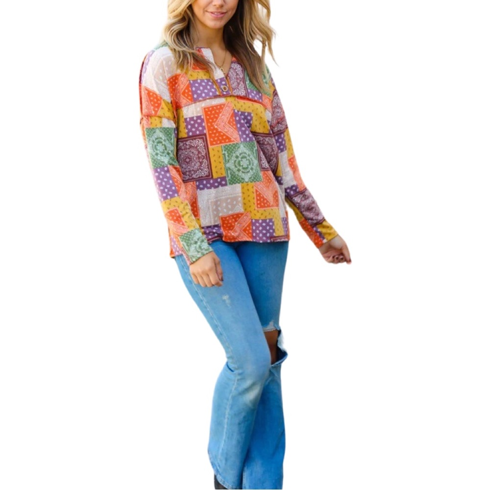 BOUTIQUE RUST OLIVE & MUSTARD PATCHWORK TOP - Picture 7 of 9